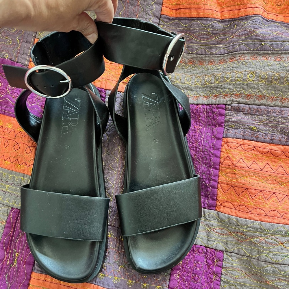 ZARA Black Ankle Strap Round Buckle Whimsigoth Sandal Size 7.5 (38) - Picture 2 of 8